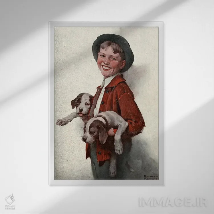 تابلو کلاسیک پسر بچه با توله سگ ها اثر نورمن راکول - نمای قابدار سفید