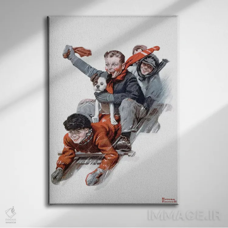 تابلو کلاسیک چهار پسر روی سورتمه اثر نورمن راکول - نمای روبهرو روی دیوار