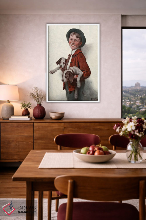 تابلو کلاسیک پسر بچه با توله سگ ها اثر نورمن راکول - D3W