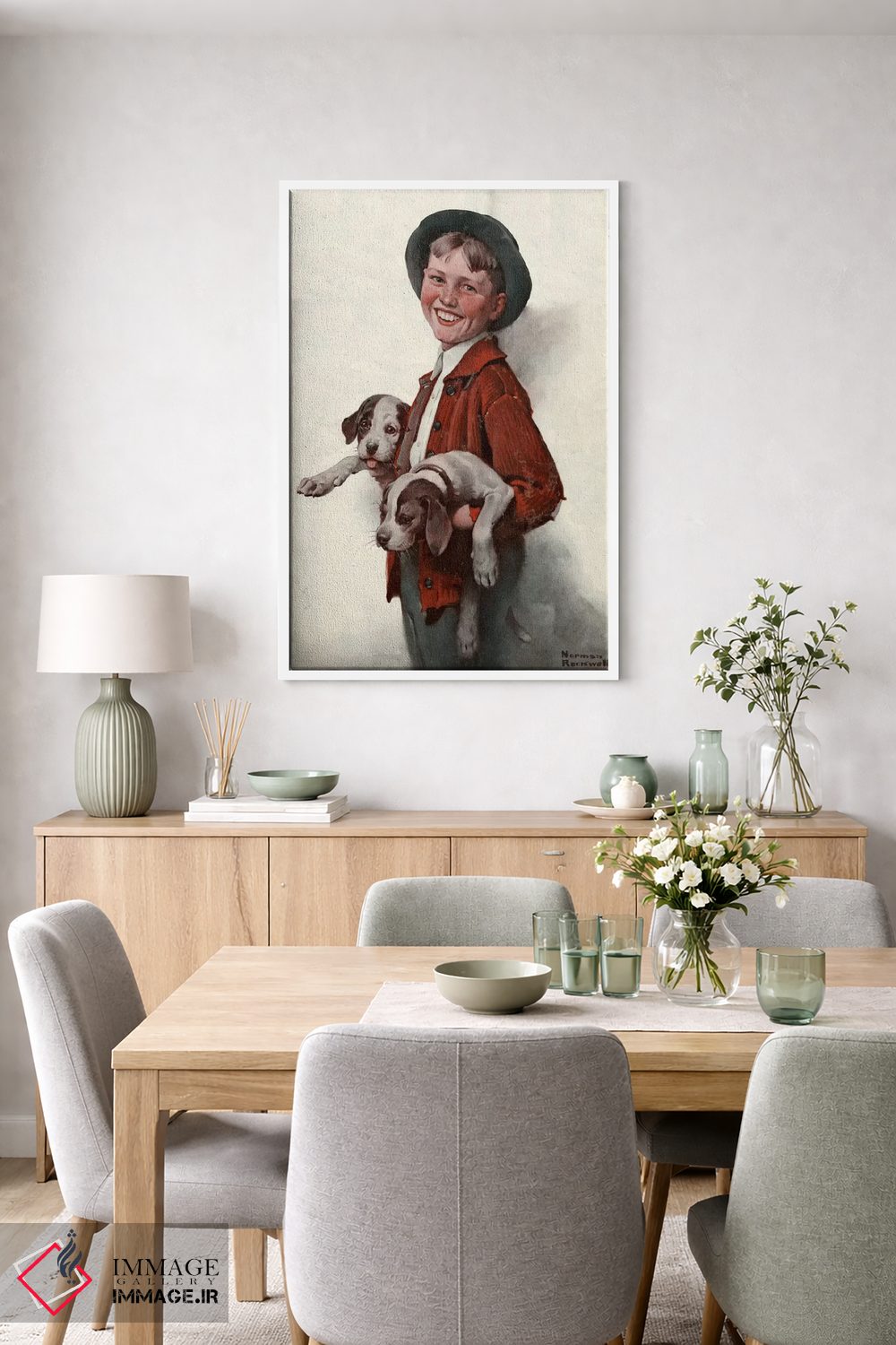 تابلو کلاسیک پسر بچه با توله سگ ها اثر نورمن راکول - D5W