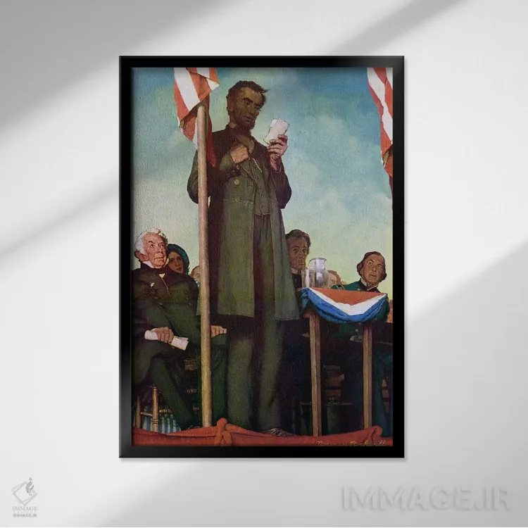 تابلو کلاسیک ابراهام لینکلن در حال ایراد سخنرانی گتیسبورگ اثر نورمن راکول - نمای قابدار مشکی