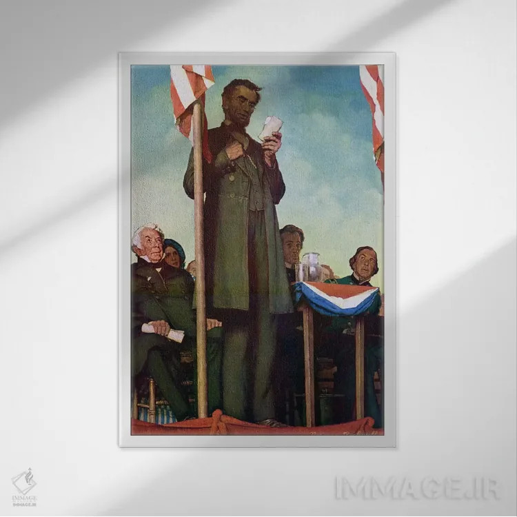 تابلو کلاسیک ابراهام لینکلن در حال ایراد سخنرانی گتیسبورگ اثر نورمن راکول - نمای قابدار سفید