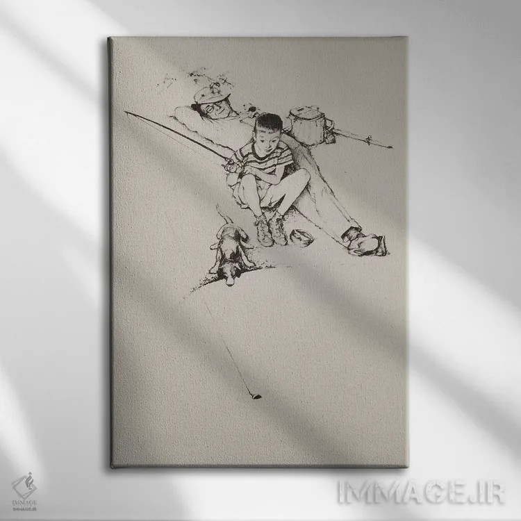 تابلو کلاسیک پدربزرگ و پسربچه در حال ماهیگیری اثر نورمن راکول - نمای روبهرو روی دیوار