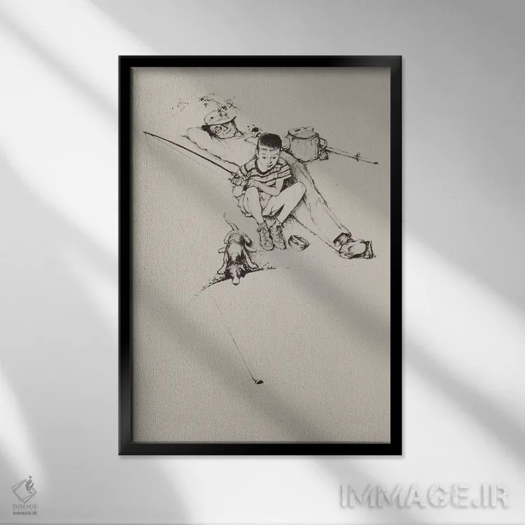 تابلو کلاسیک پدربزرگ و پسربچه در حال ماهیگیری اثر نورمن راکول - نمای قابدار مشکی