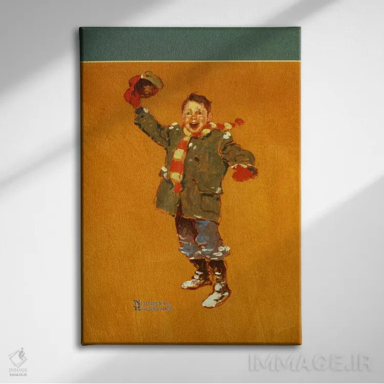 تابلو کلاسیک مطالعات کریسمسی: پسر با لباس زمستانی در حال دست تکان دادن اثر نورمن راکول - نمای روبهرو روی دیوار