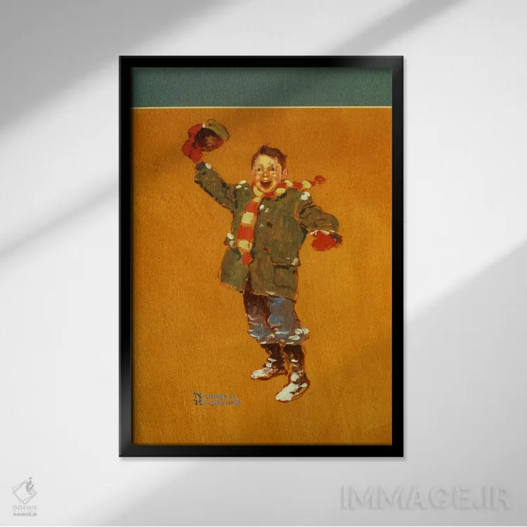 تابلو کلاسیک مطالعات کریسمسی: پسر با لباس زمستانی در حال دست تکان دادن اثر نورمن راکول - نمای قابدار مشکی
