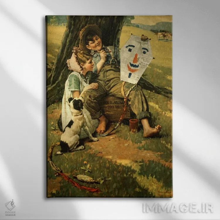 تابلو کلاسیک پسر و دختر کشاورز نشسته روی جعبه اثر نورمن راکول - نمای روبهرو روی دیوار