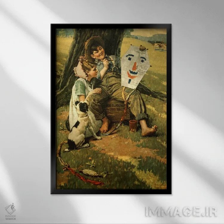تابلو کلاسیک پسر و دختر کشاورز نشسته روی جعبه اثر نورمن راکول - نمای قابدار مشکی