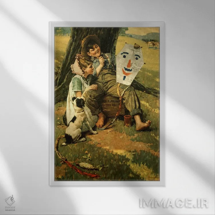 تابلو کلاسیک پسر و دختر کشاورز نشسته روی جعبه اثر نورمن راکول - نمای قابدار سفید