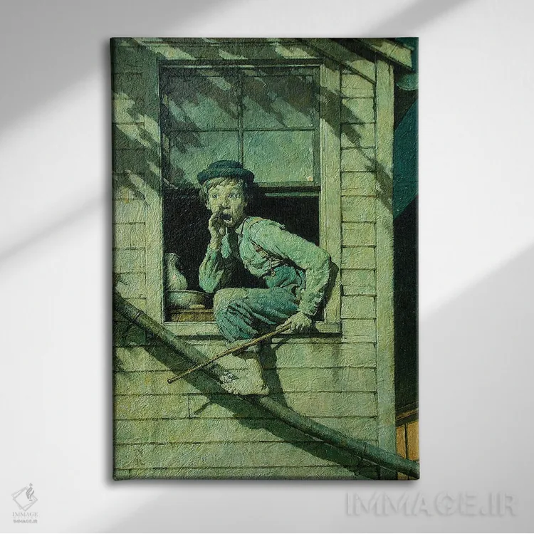 تابلو کلاسیک تام سایر یواشکی از پنجره بیرون می رود اثر نورمن راکول - نمای روبهرو روی دیوار