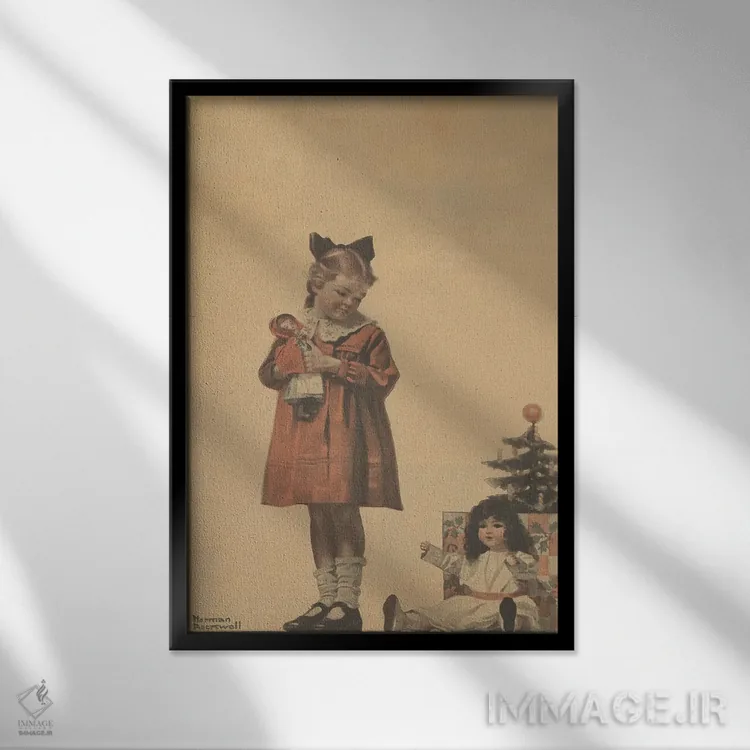 تابلو کلاسیک دختر با عروسک کریسمس اثر نورمن راکول - نمای قابدار مشکی
