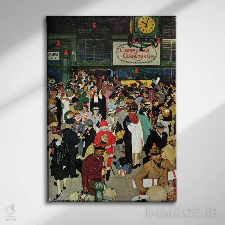 تابلو کلاسیک Chicago, Christmas,ایستگاه قطار یونیون، شیکاگو، کریسمس اثر نورمن راکول - نمای روبهرو روی دیوار