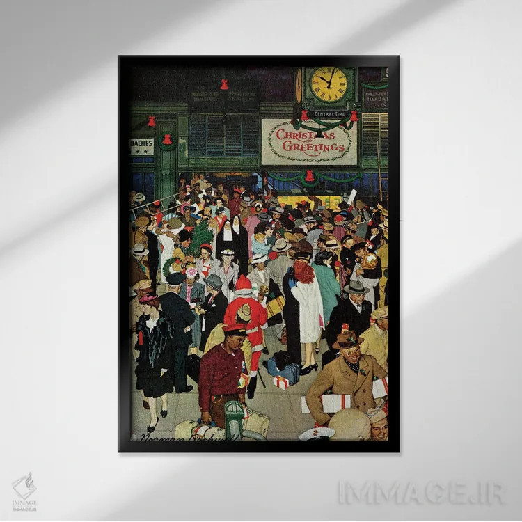 تابلو کلاسیک Chicago, Christmas,ایستگاه قطار یونیون، شیکاگو، کریسمس اثر نورمن راکول - نمای قابدار مشکی
