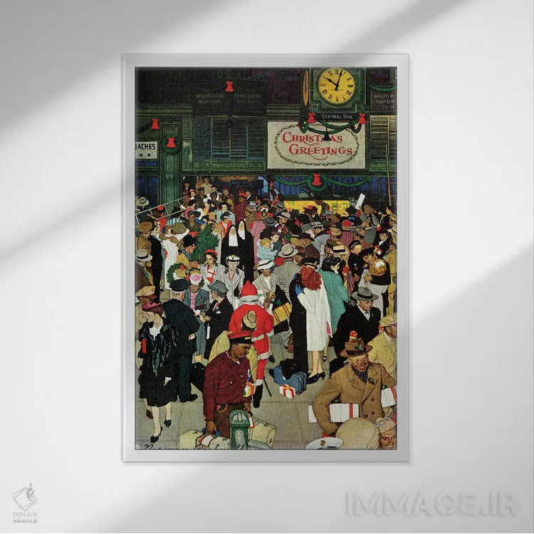 تابلو کلاسیک Chicago, Christmas,ایستگاه قطار یونیون، شیکاگو، کریسمس اثر نورمن راکول - نمای قابدار سفید