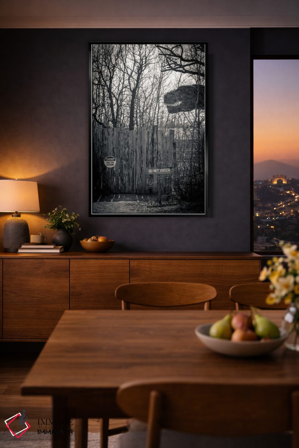 تابلو دکوراتیو دایناسوری با تابلوی ورود ممنوع اثر نیک ریو - D2B