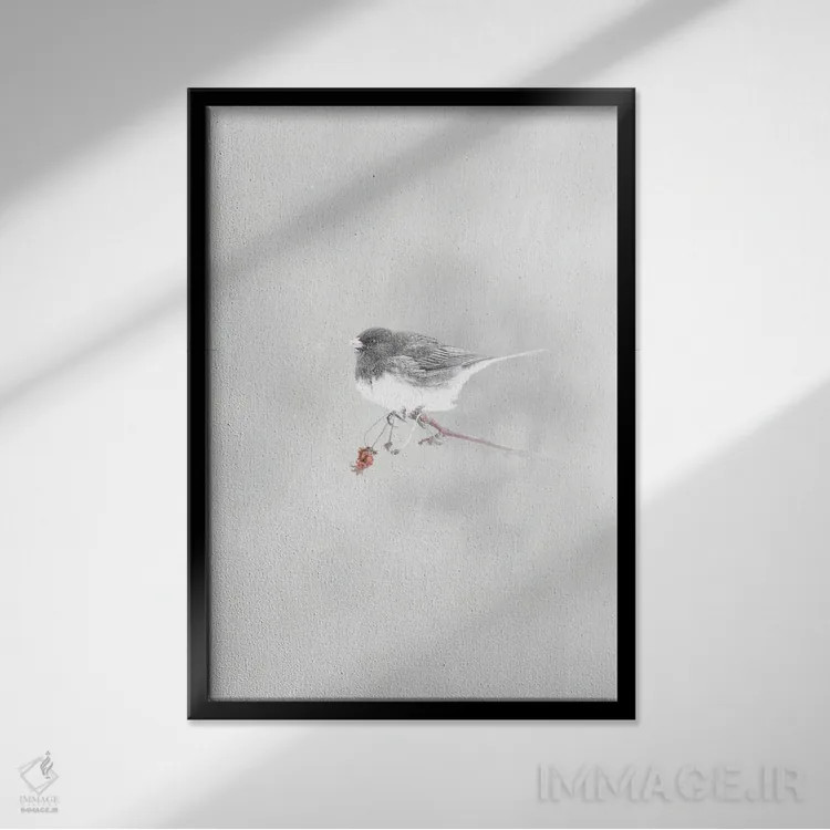 تابلو دکوراتیو پرنده کوچک زیر بارش برف اثر نیک ریو - نمای قابدار مشکی