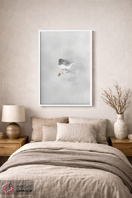 تابلو دکوراتیو پرنده کوچک زیر بارش برف اثر نیک ریو - D1W
