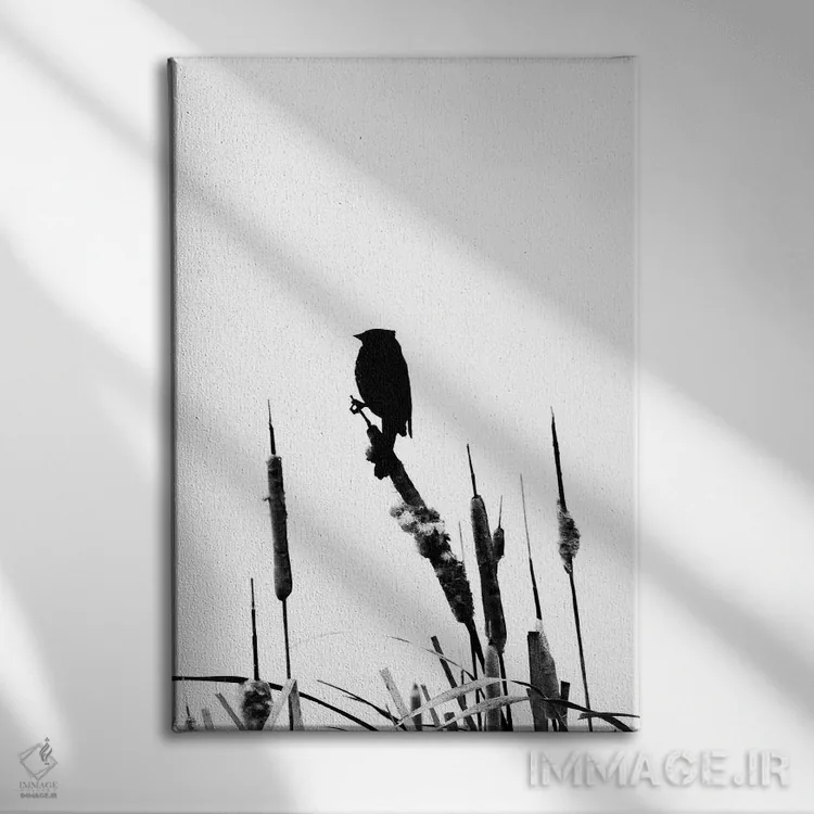 تابلو دکوراتیو سیلوئت سیاه و سفید پرنده روی علف دم گربه ای اثر نیک ریو - نمای روبهرو روی دیوار