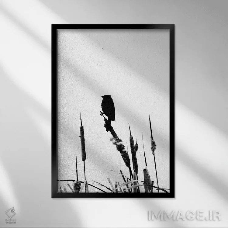 تابلو دکوراتیو سیلوئت سیاه و سفید پرنده روی علف دم گربه ای اثر نیک ریو - نمای قابدار مشکی