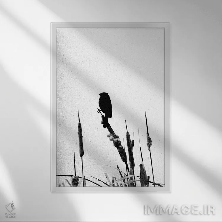 تابلو دکوراتیو سیلوئت سیاه و سفید پرنده روی علف دم گربه ای اثر نیک ریو - نمای قابدار سفید