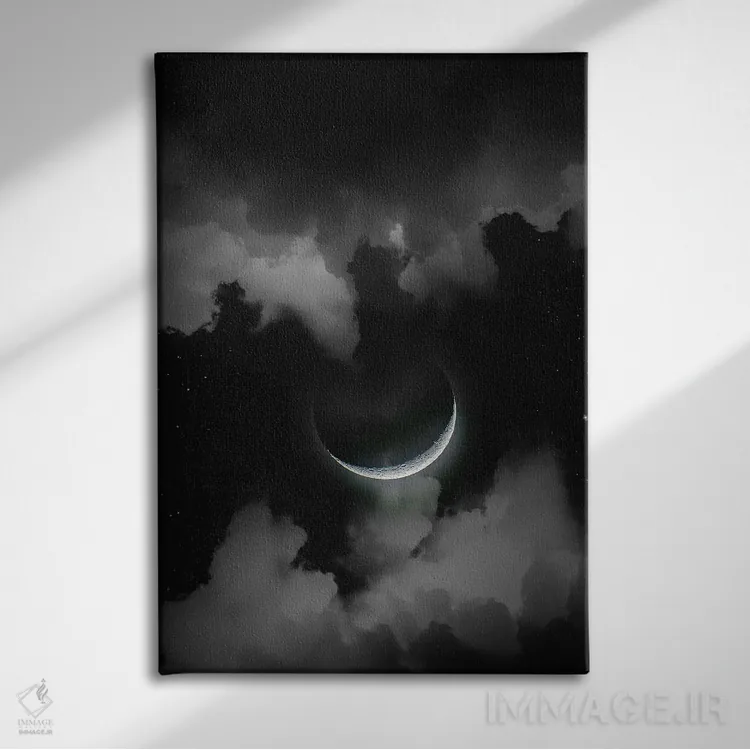 تابلو دکوراتیو ماه هلال در شب ستاره دار اثر نیک ریو - نمای روبهرو روی دیوار