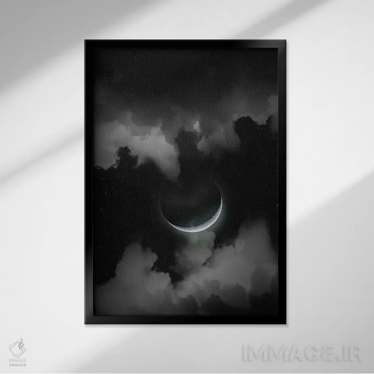تابلو دکوراتیو ماه هلال در شب ستاره دار اثر نیک ریو - نمای قابدار مشکی