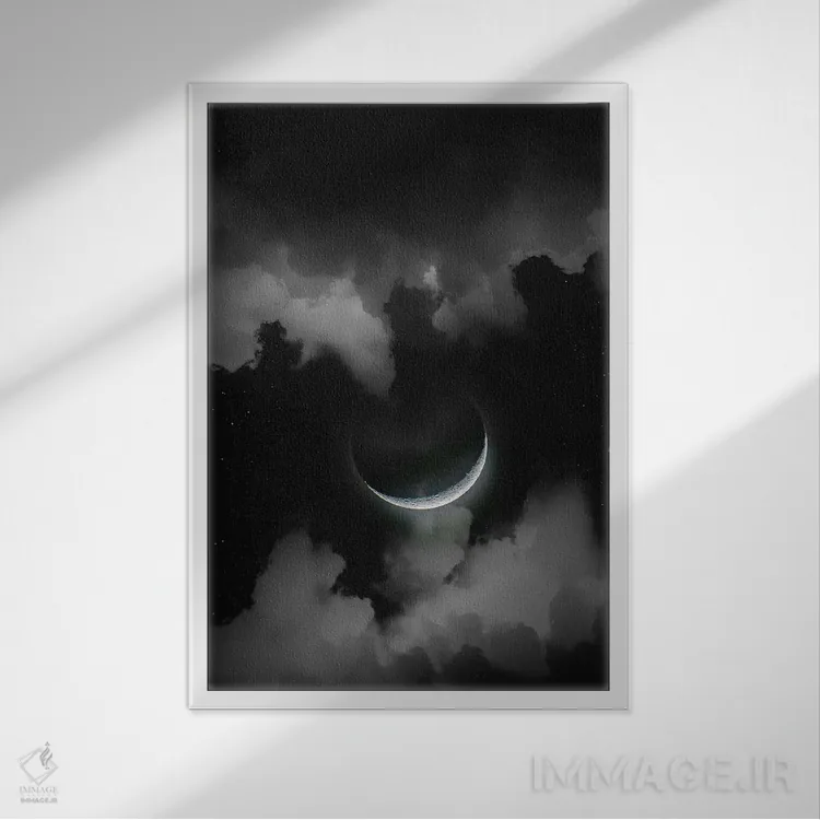 تابلو دکوراتیو ماه هلال در شب ستاره دار اثر نیک ریو - نمای قابدار سفید