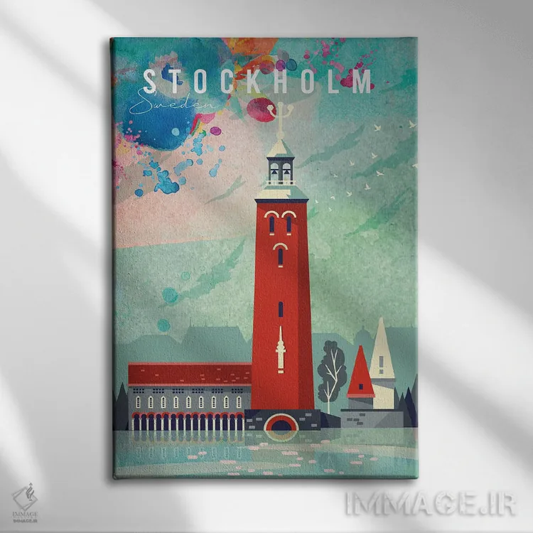 تابلو مدرن پوستر سفر استکهلم اثر ناتالی رایان - نمای روبهرو روی دیوار