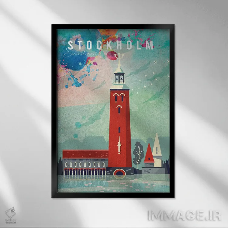 تابلو مدرن پوستر سفر استکهلم اثر ناتالی رایان - نمای قابدار مشکی