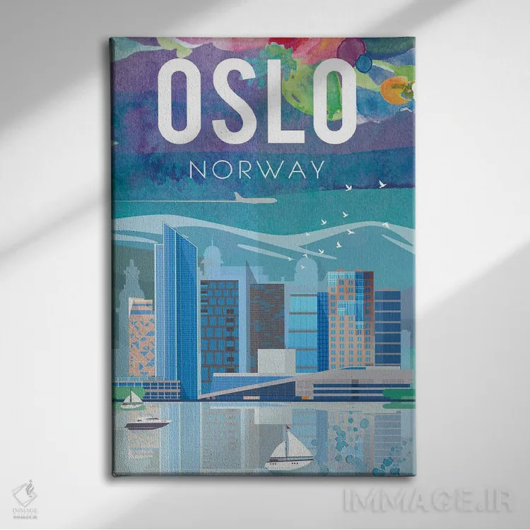 تابلو مدرن پوستر سفر اسلو اثر ناتالی رایان - نمای روبهرو روی دیوار