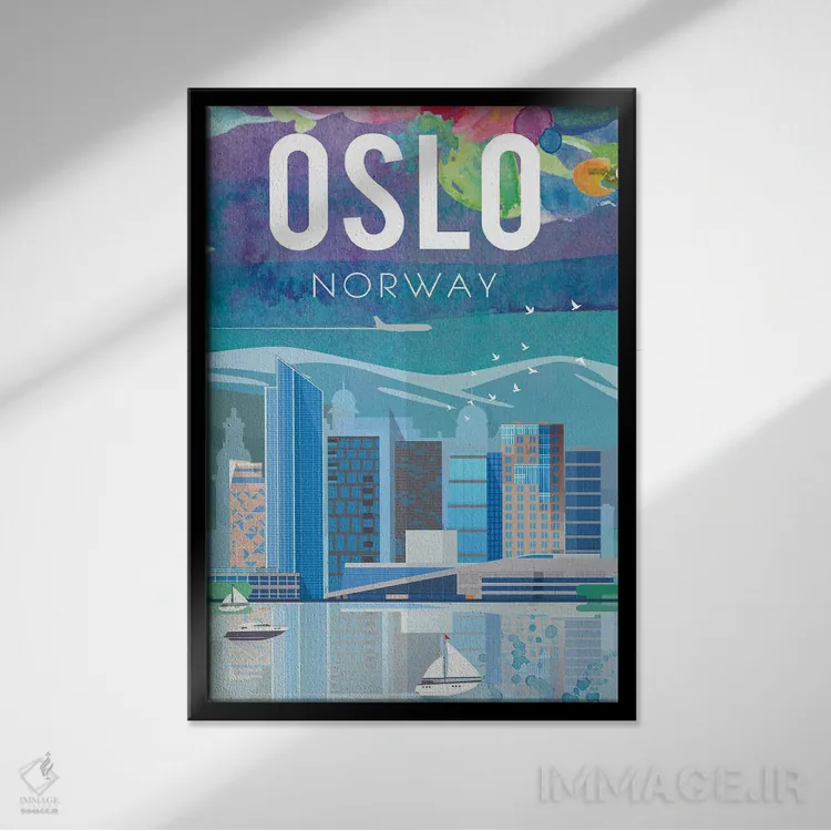 تابلو مدرن پوستر سفر اسلو اثر ناتالی رایان - نمای قابدار مشکی
