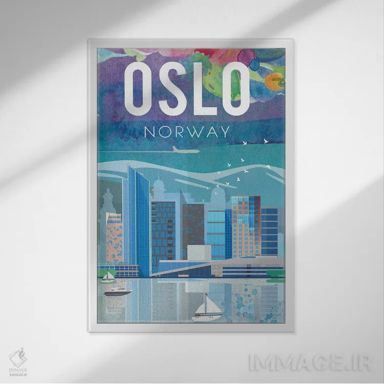 تابلو مدرن پوستر سفر اسلو اثر ناتالی رایان - نمای قابدار سفید