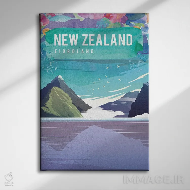 تابلو مدرن پوستر سفر نیوزیلند اثر ناتالی رایان - نمای روبهرو روی دیوار