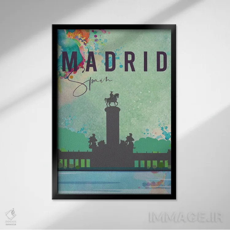 تابلو مدرن پوستر سفر به مادرید اثر ناتالی رایان - نمای قابدار مشکی