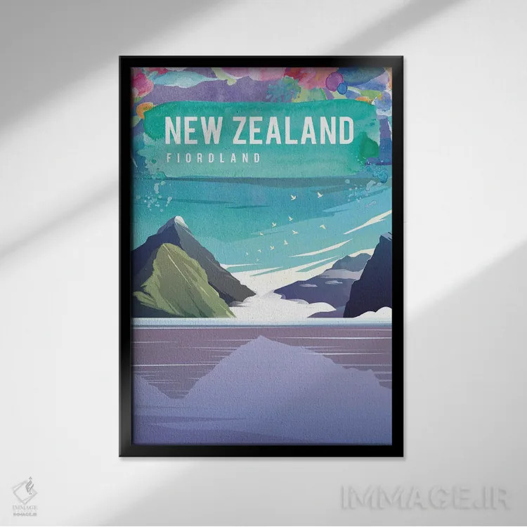 تابلو مدرن پوستر سفر نیوزیلند اثر ناتالی رایان - نمای قابدار مشکی