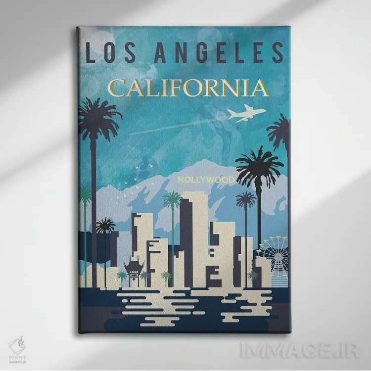 تابلو مدرن پوستر سفر به لس آنجلس اثر ناتالی رایان - نمای روبهرو روی دیوار