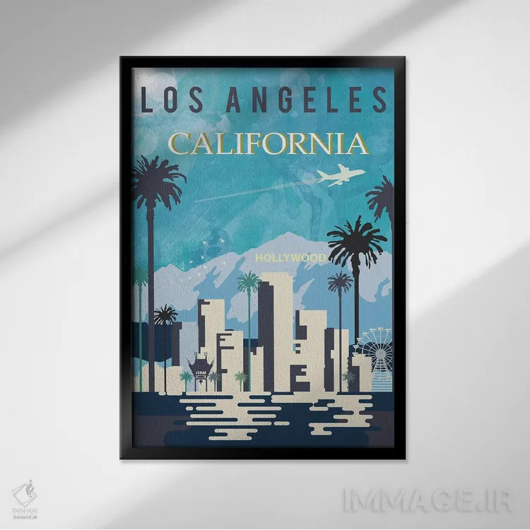 تابلو مدرن پوستر سفر به لس آنجلس اثر ناتالی رایان - نمای قابدار مشکی