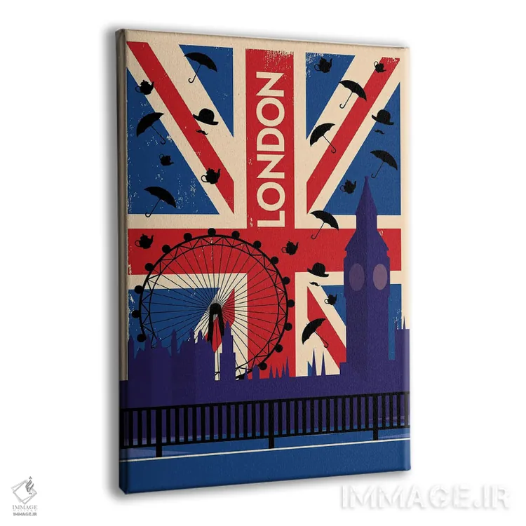 تابلو مدرن پوستر سفر به لندن با پرچم بریتانیا اثر ناتالی رایان - نمای پرسپکتیو محصول