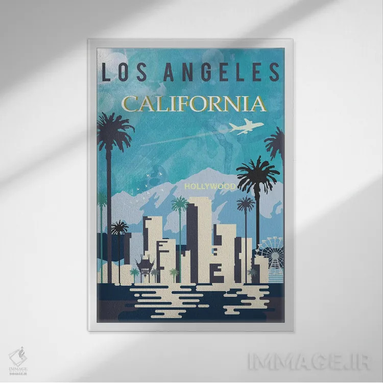 تابلو مدرن پوستر سفر به لس آنجلس اثر ناتالی رایان - نمای قابدار سفید