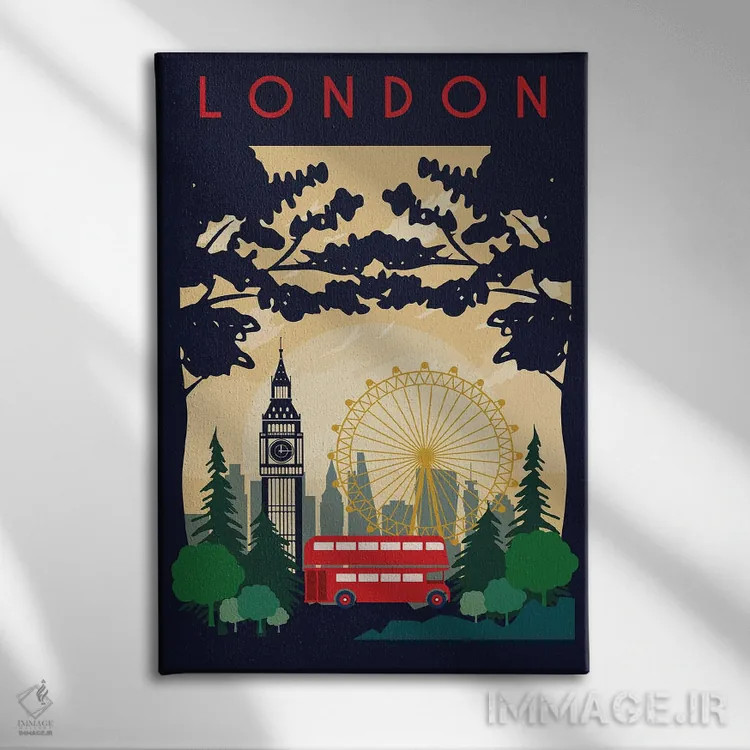 تابلو مدرن پوستر سفر اتوبوس لندن اثر ناتالی رایان - نمای روبهرو روی دیوار