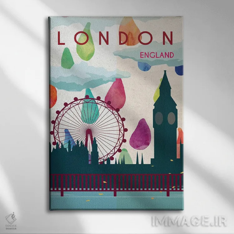 تابلو مدرن پوستر سفر بارانی لندن اثر ناتالی رایان - نمای روبهرو روی دیوار