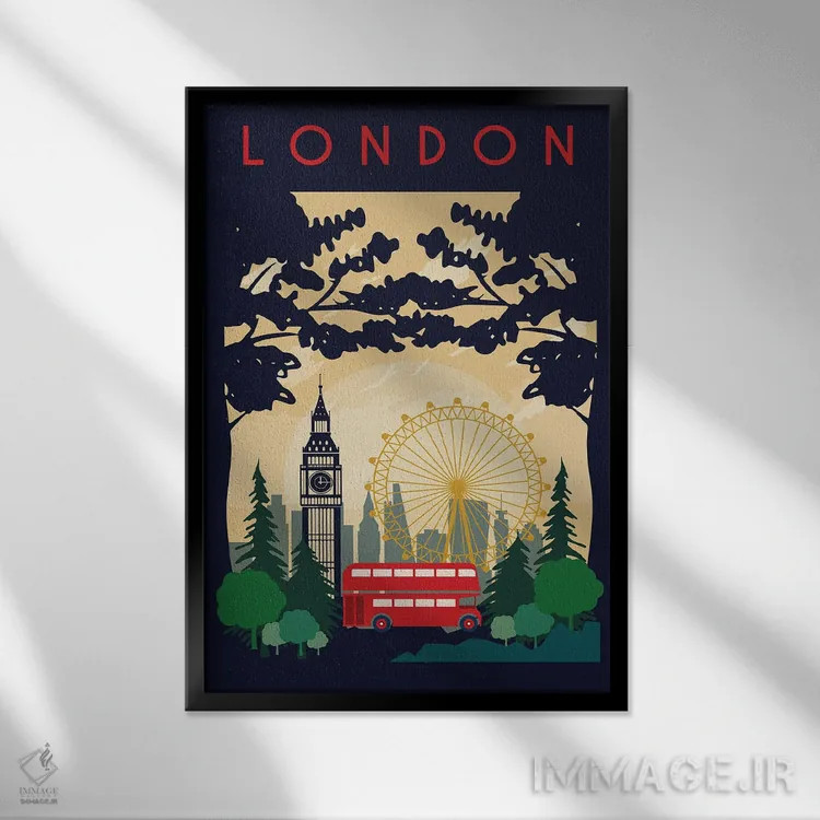 تابلو مدرن پوستر سفر اتوبوس لندن اثر ناتالی رایان - نمای قابدار مشکی