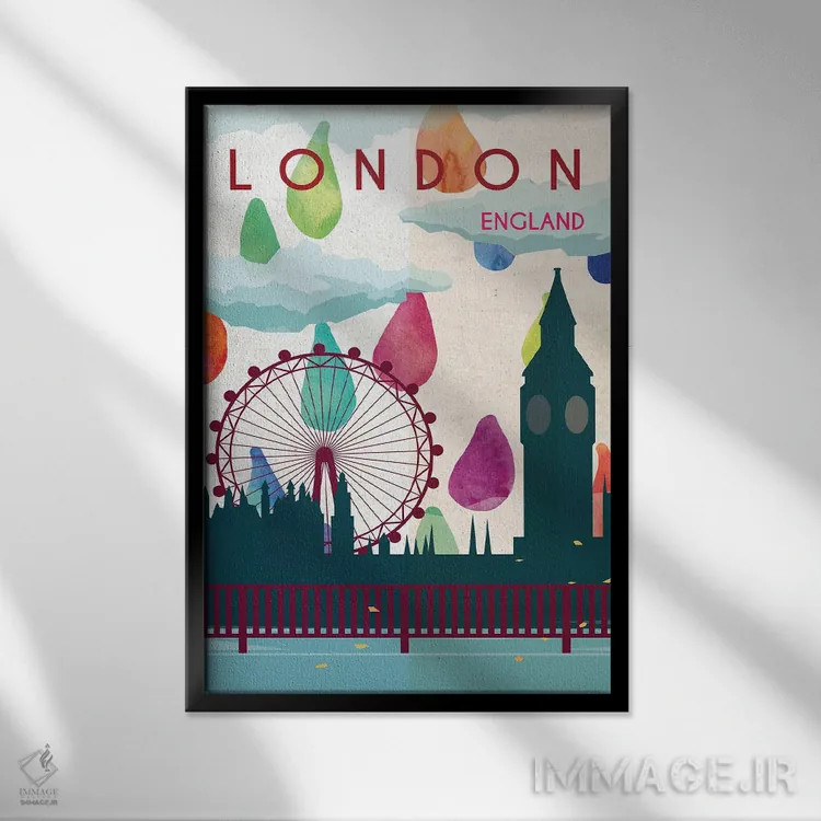 تابلو مدرن پوستر سفر بارانی لندن اثر ناتالی رایان - نمای قابدار مشکی