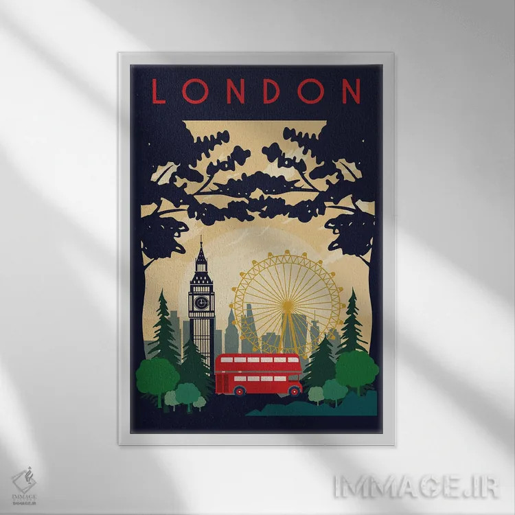 تابلو مدرن پوستر سفر اتوبوس لندن اثر ناتالی رایان - نمای قابدار سفید