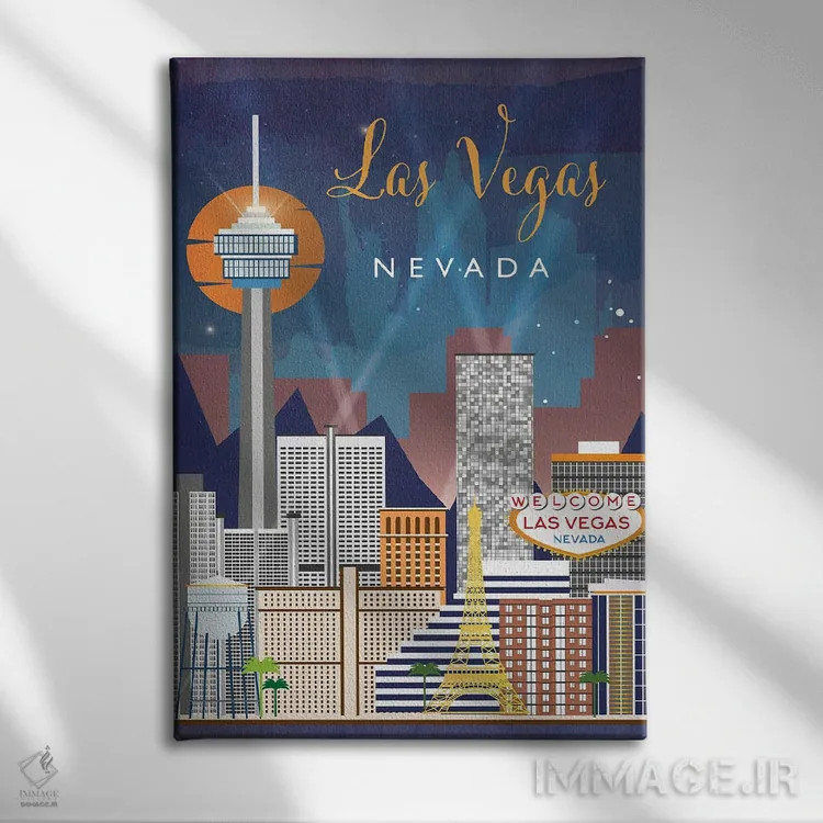 تابلو مدرن پوستر سفر به لاس وگاس اثر ناتالی رایان - نمای روبهرو روی دیوار