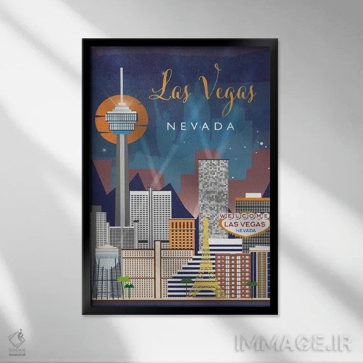 تابلو مدرن پوستر سفر به لاس وگاس اثر ناتالی رایان - نمای قابدار مشکی