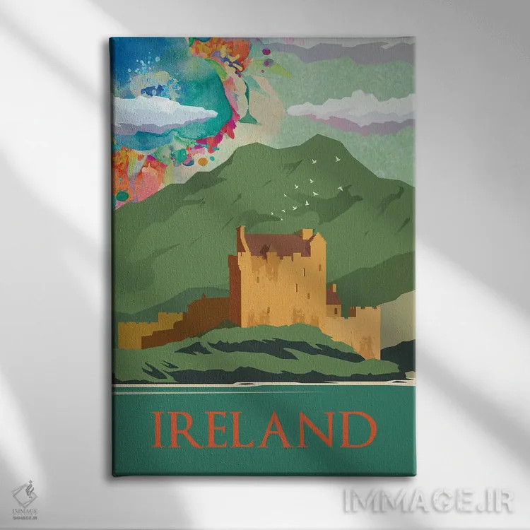 تابلو مدرن پوستر سفر به کوه های سبز ایرلند اثر ناتالی رایان - نمای روبهرو روی دیوار