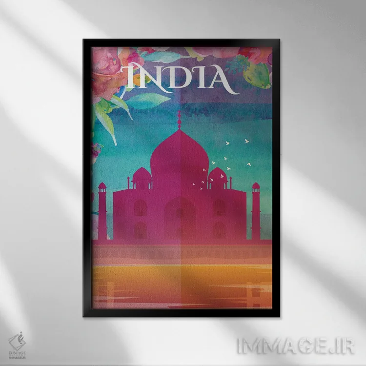 تابلو مدرن پوستر سفر به هند اثر ناتالی رایان - نمای قابدار مشکی
