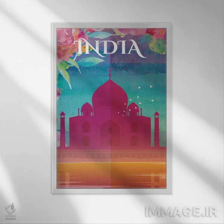 تابلو مدرن پوستر سفر به هند اثر ناتالی رایان - نمای قابدار سفید