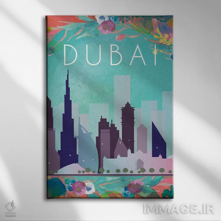 تابلو مدرن پوستر سفر به دبی اثر ناتالی رایان - نمای روبهرو روی دیوار